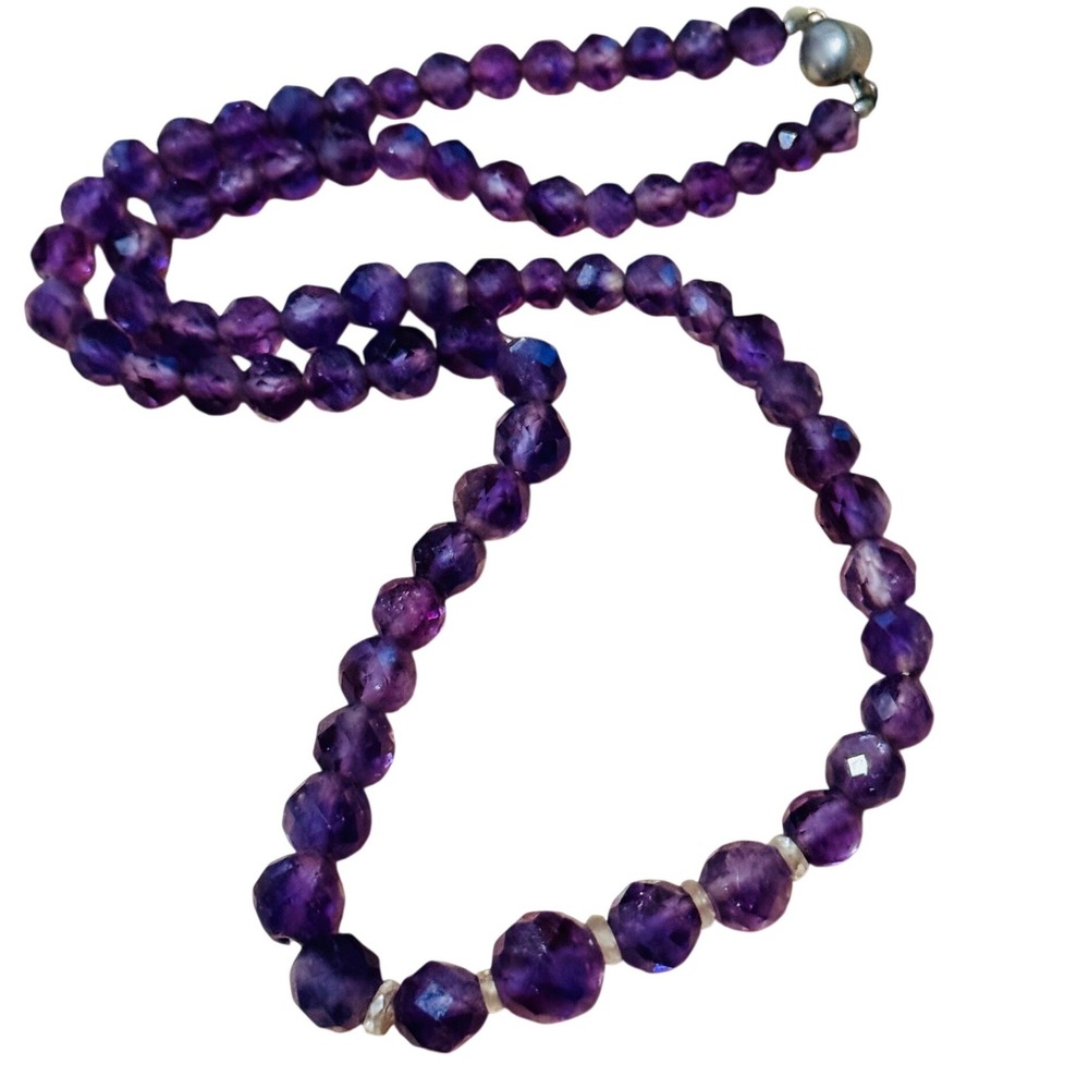 VTG Art Deco Czech Glass royal Purple‎ necklace Flapper beaded carved beads 18"